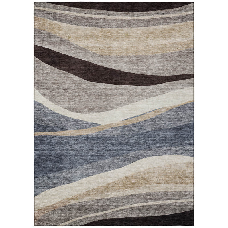 Tapis d'extérieur lavable abstrait 8 pi x 10 pi bleu brun et beige