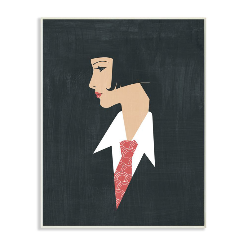 Portrait de femme rétro pop - cravate, Bois, H 19 po x l 13 po x P 0,5 po