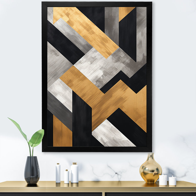 Carreaux géométriques noirs et dorés 5 - Art mural géométrique, Cadre simple noir, H 40 po x l 30 po x P 1,5 po