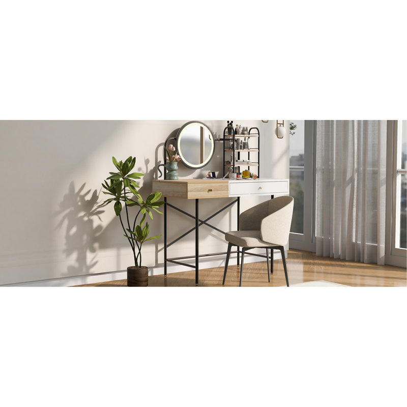 Meuble-lavabo de 40 po avec miroir lumineux 3 modes et station de recharge sans fil, coiffeuse avec tiroir et 3 tablettes ouvertes pour un grand espace de rangement, coiffeuse pour chambre à coucher