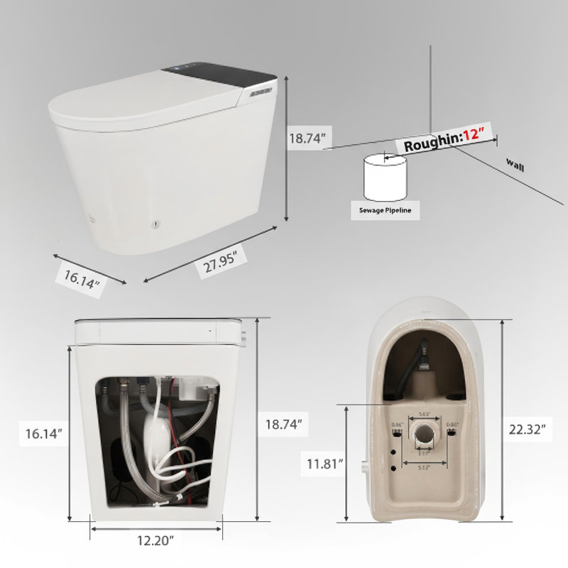 Tankless smart toilet with integrated bidet, automated lid opening and closing, an extra-wide bidet nozzle, heated seat, warm water and dryer functions, foot sensor activation, LED display, and remote control, in white.