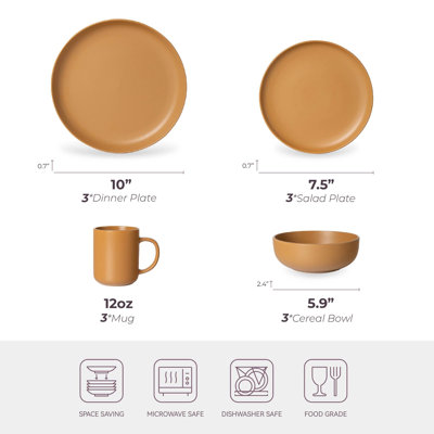 Matte Finish 12-Piece Stoneware Dining Set with Mugs for 3 Diners, Stackable Non-Toxic Plates & Bowls, Microwave and Dishwasher Friendly Daily Kitchenware