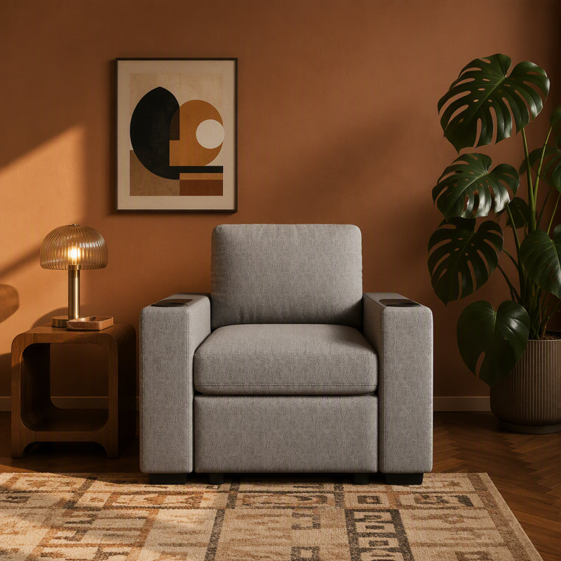 Canapé-lit convertible moderne avec ports USB, porte-gobelets et revêtement en chenille pour espaces de vie compacts.