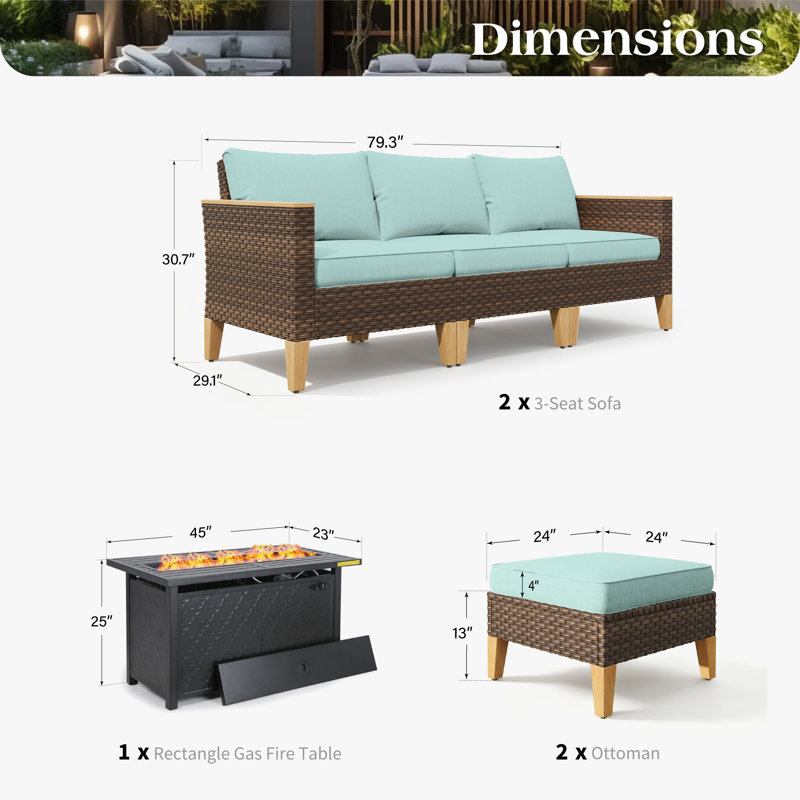 Ensemble de conversation modulaire en osier pour l'extérieur 9 personnes avec table de foyer Phenice, Bleu