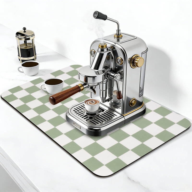 Tapis de séchage à carreaux pour comptoir de cuisine, tapis de café absorbant antidérapant, tapis résistant à la chaleur pour comptoir, décor de bar à café 16 po x 24 po vert