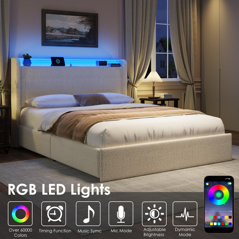 Boucle Bed Frame, LED Light Headboard/4 Storage Drawers/Charging Station, Queen, Beige