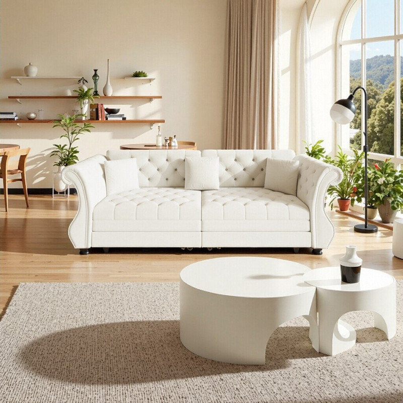 Canapé-lit 3 en 1 en velours Chesterfield, Beige