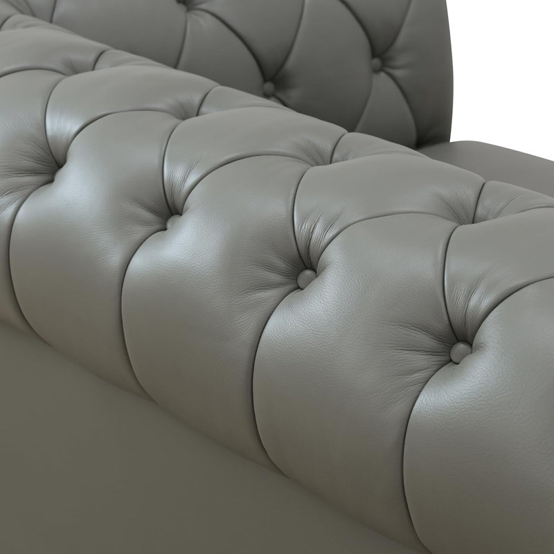 Nivaldo 132.5"  Button Tufted Genuine Cowhide Leather Classic Chesterfield Living Room Sectional, Gray Genuine Leather