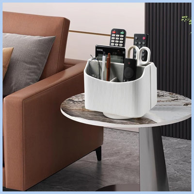 5 Compartments Rotating PU Leather Remote Control Holder, White, Desk & Nightstand Storage Caddy