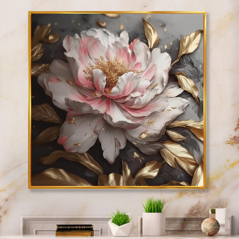 Décoration murale pivoines roses et grises en fleurs IV - pivoines florales, H 24 po x l 24 po, Cadre flottant doré