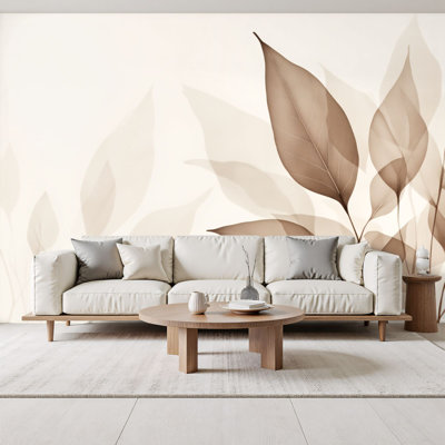 Vintage Wall Mural Soft Brown Leaf Silhouettes Abstract 69"H x 96"W  Peel and Stick Wallpaper Wall Decor for Bedroom Living Room Home Office