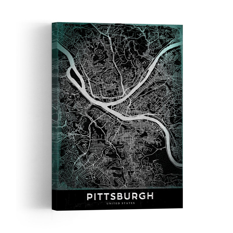 Modern Pittsburgh City Map Retro Vintage City Architecture Wall Art Print 1 Piece Wrapped Canvas Wall Art