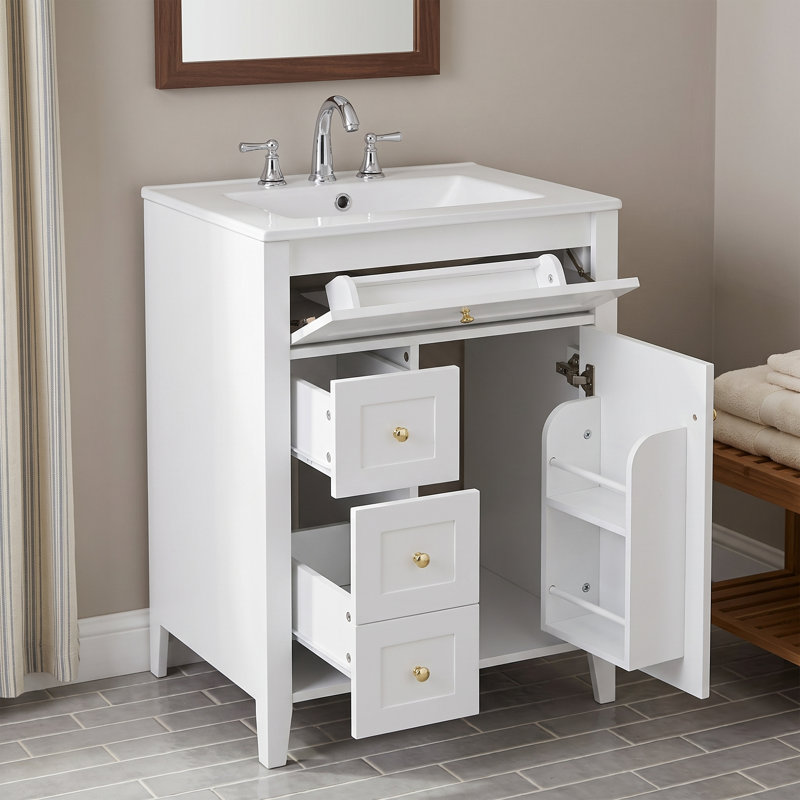 Ensemble de meuble-lavabo autoportant en MDF 24 po blanc avec lavabo en céramique, poignées en métal, porte à fermeture en douceur, support de rangement