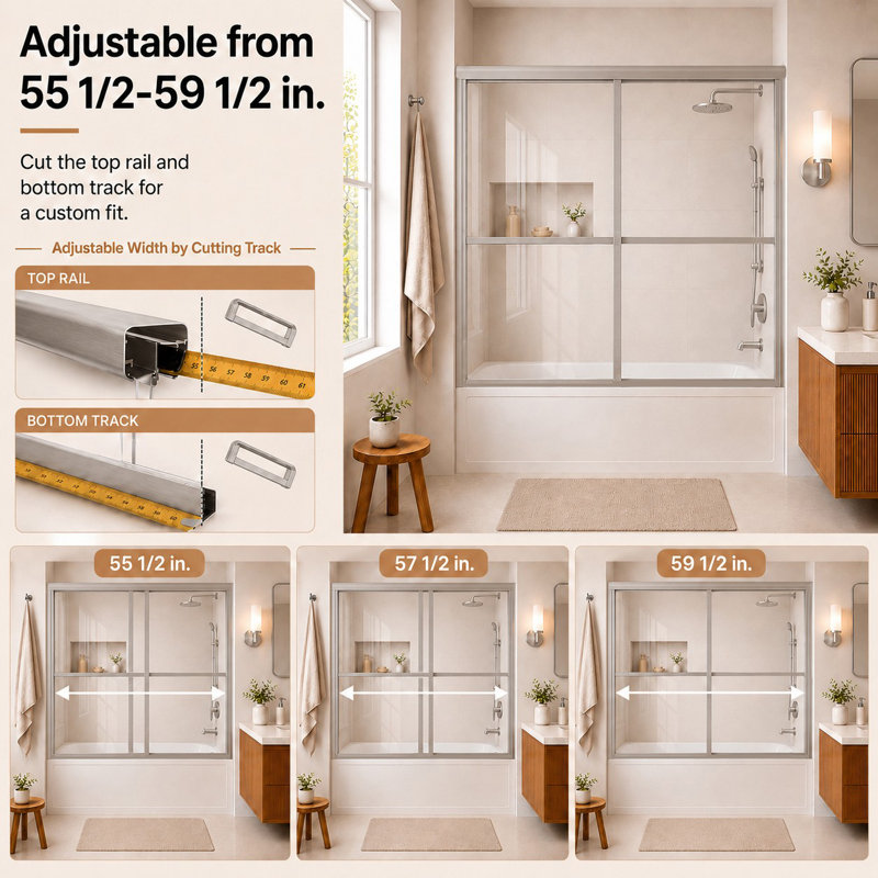 59" W x 56" H Double Sliding Semi Frameless Tub Door with Clear Glass, Matte Black