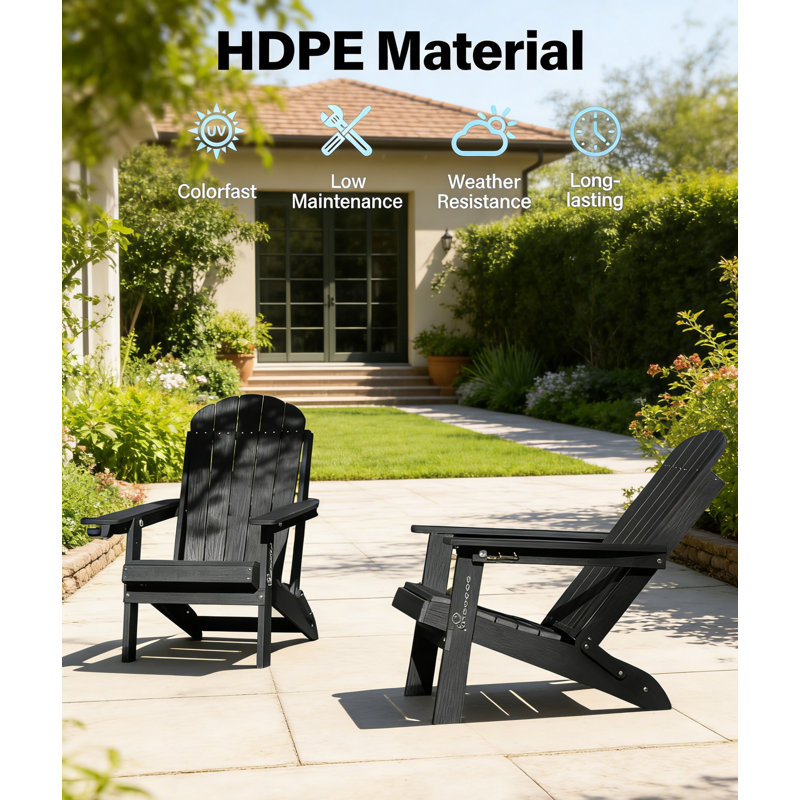  Weather Resistant Folding Plastic Adirondack Chair with Cup Holder & Adjustable Back for Adults, Black