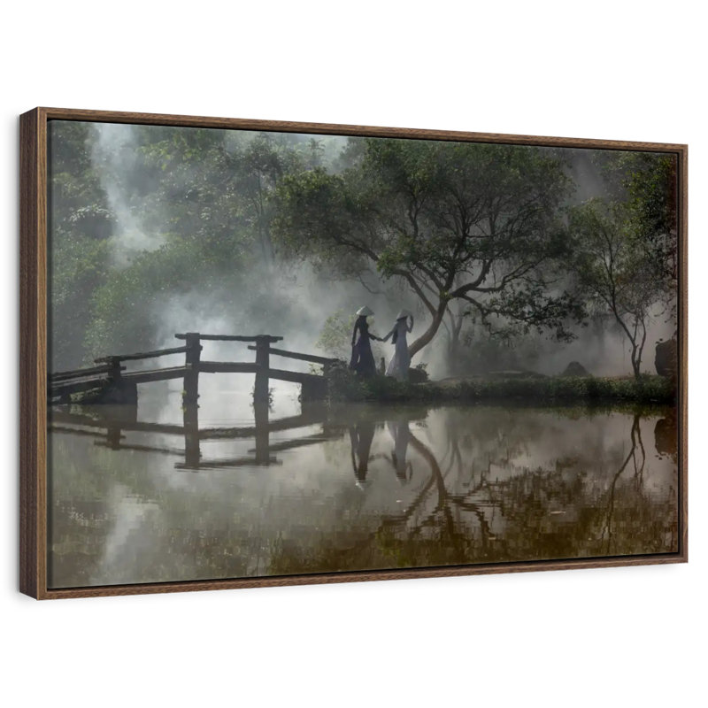 Balade vietnamienne au lac, 46 po x 31 po, Cadre flottant noyer