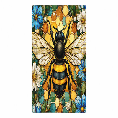 1Pcs Bee Honeycomb Beach Towel, featuring a stunning stained-glass style illustration of bumblebee surrounded by vibrant flowers and hexagonal patterns. This large, artistic microfiber is perfect for trips, pool parties, outdoor adv