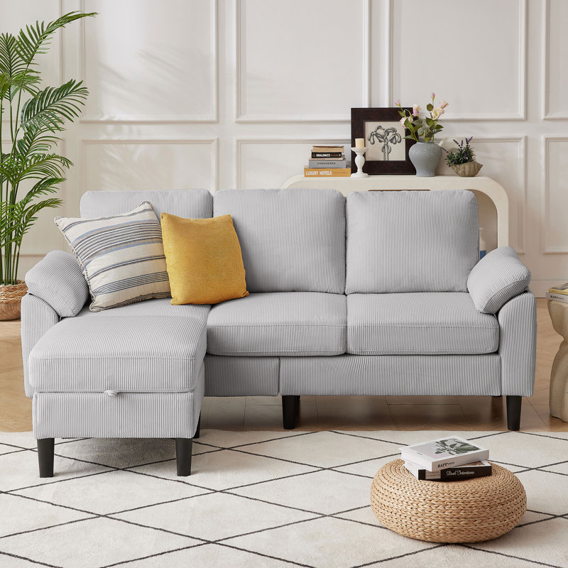 Darlyene Corduroy  79.32" Wide Reversible Sofa & Chaise with Ottoman, Light Gray Polyester Blend