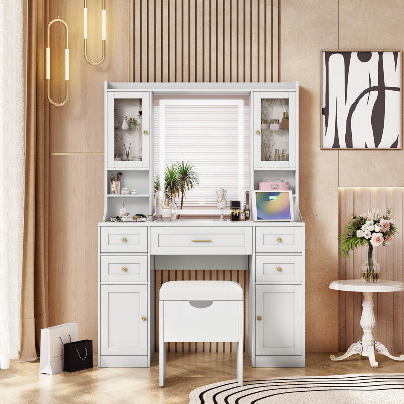 Meuble-lavabo blanc 41,4 po avec éclairage réglable, 5 tiroirs, 4 armoires, station de charge, tabouret rembourré et extérieur rétro - configuration idéale pour une chambre à coucher
