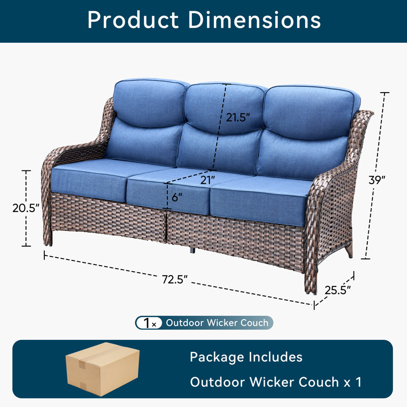 Wicker Patio Couch, Outdoor 3-Seat Sofa, All Weather PE Rattan, Deep Seating Deck Furniture Set With 6" Seat Cushions, Blue