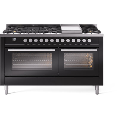 Cuisinière à double combustible ILVE Professional Plus II Series 60 po avec 9 brûleurs scellés, plaque de cuisson (propane liquide, porte vitrée)