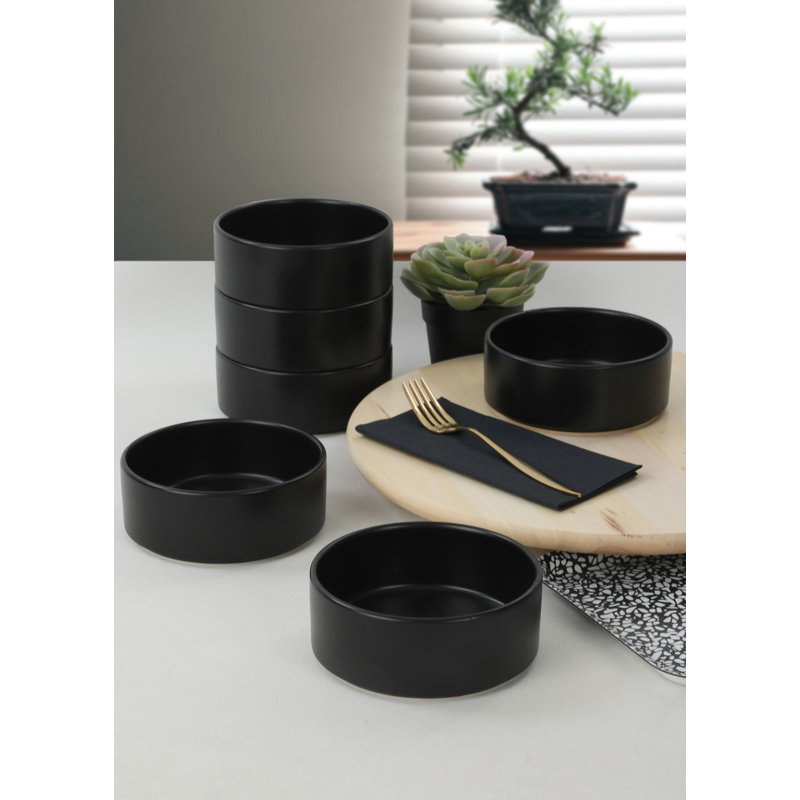 Premium Ceramic Bowl Set (6 Pieces), Black, 5.5 inches | 100% Ceramic Stoneware, Antibacterial & Eco-Friendly | Microwave & Dishwasher Safe up to 122°F | Non-Absorbent & Easy to Clean for Everyday Use