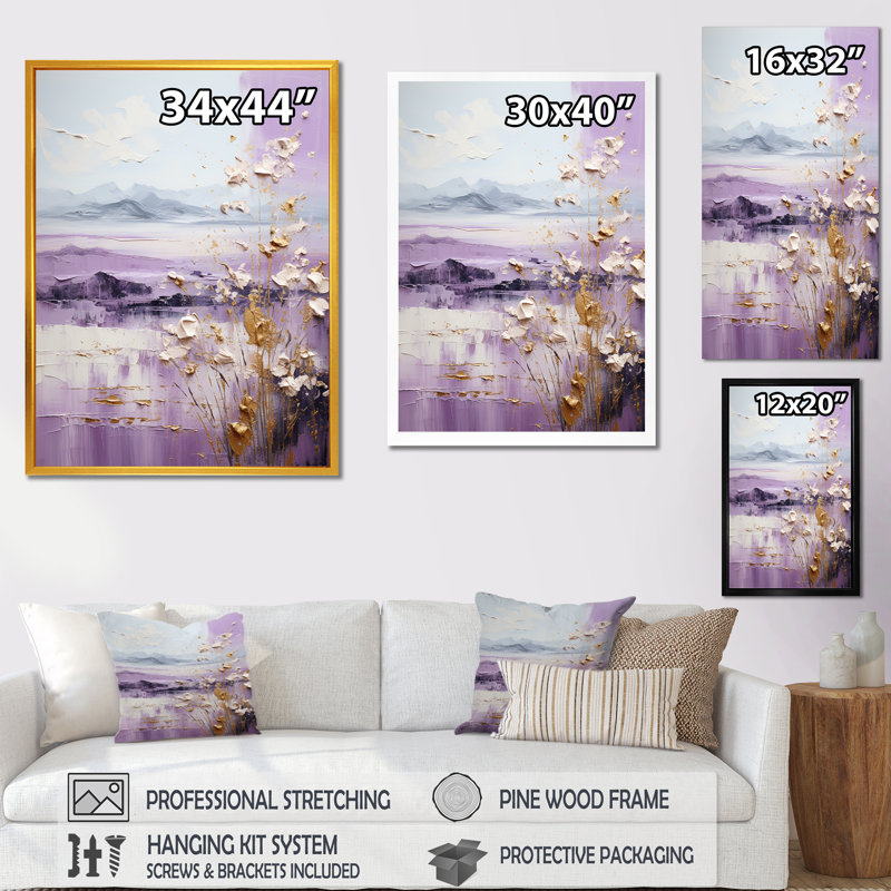 Paysage de montagne mauve et doré II - Paysage abstrait, Cadre flottant noir, H 20 po x l 12 po