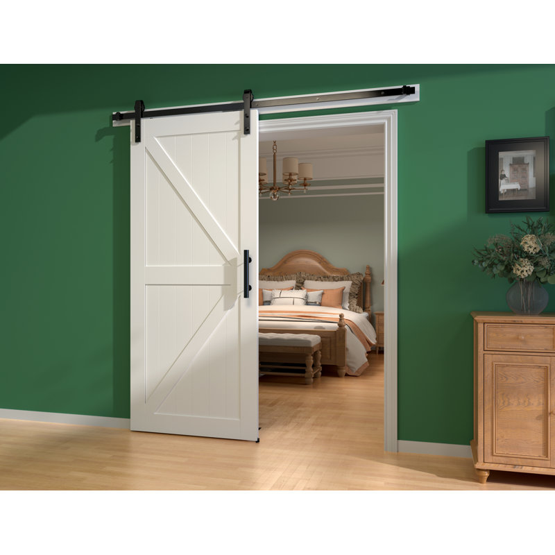 Luxdecor 36in x 84in Paneled Manufactured Wood White Primed Barn Door with Installation Hardware Kit 6.6FT in White