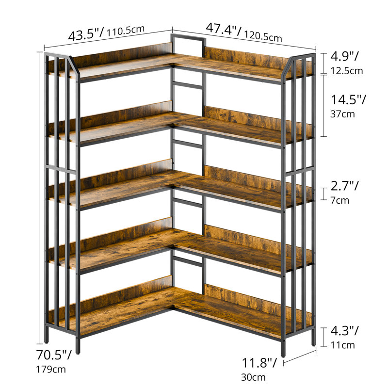 Bookshelf 5 Tiers , Corner Bookcase With Baffles, 70''x47''x44'' Large Industrial Wooden Bookcase With Metal Frame, L Shaped Bookshelf For Living Room, Home Office, Rustic Brown
