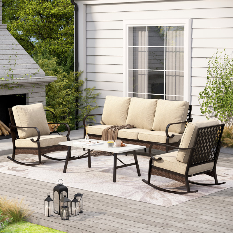 5-Person Sofa Seating Group With Rocking Lounge Chairs, Beige