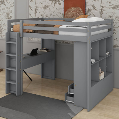 Full Size Loft Bed With Shelves,LED Light And Writing Desk