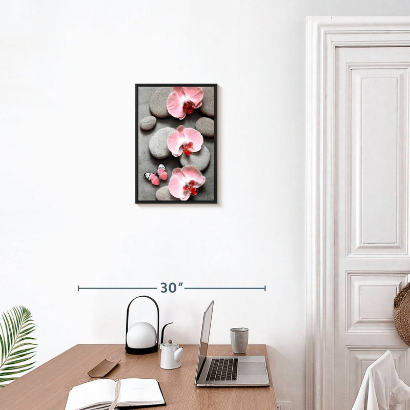 Zen orchidées roses et papillons, 13 po x 19 po, Cadre flottant noir
