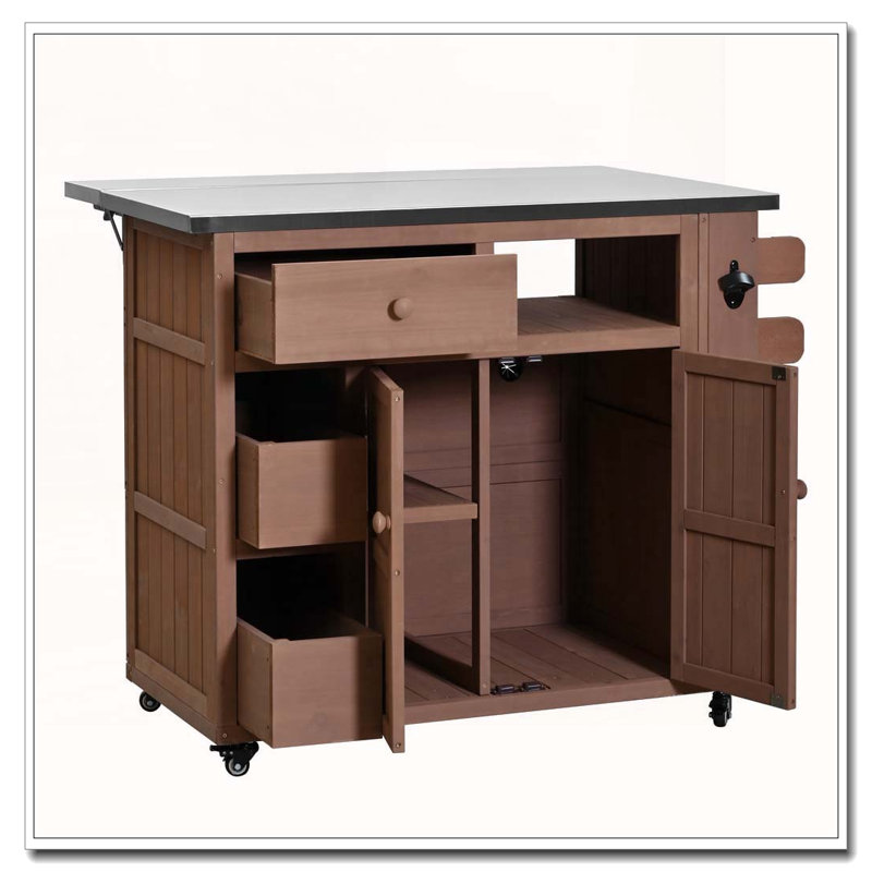 Outdoor Solid Wood Extendable 19.3''/28'' Kitchen Island, Stainless Steel Top Grill Table with Side Spice Rack, Brown