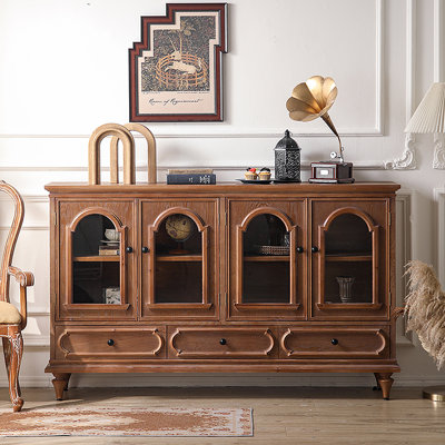 Buffet rétro en bois de pin, armoire de rangement en verre ondulé