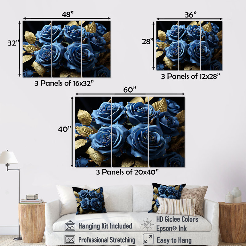 «Azure Blue Roses Arrangement Elegance II», ensemble d'art mural sur toile Roses, H 40 po x l 60 po x P 1 po