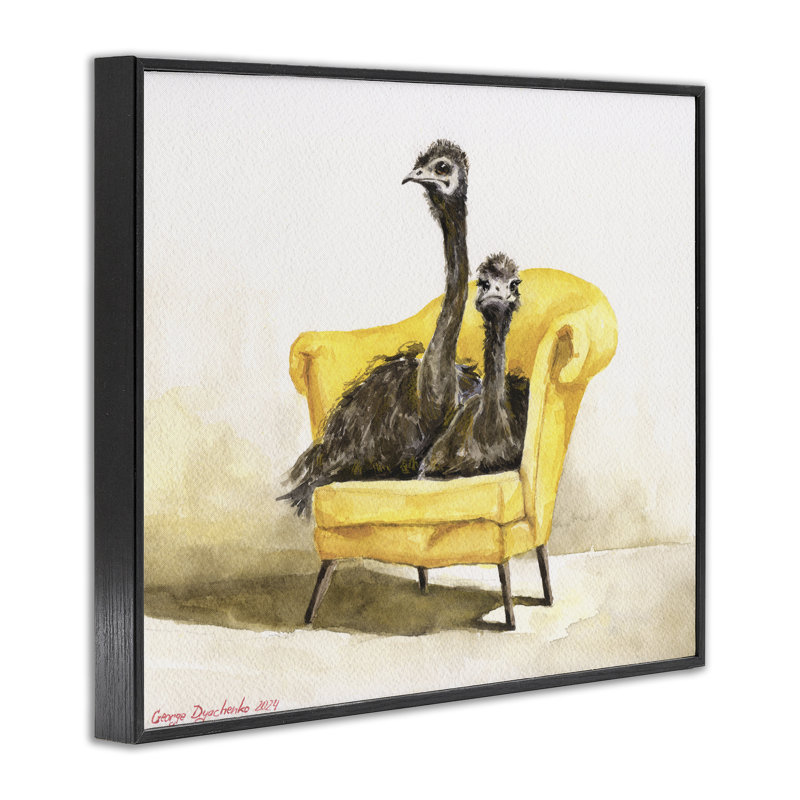 Drôle d'autruches sur une chaise jaune, estampe numérique, conception par George Dyachenko, H 24 po x l 30 po