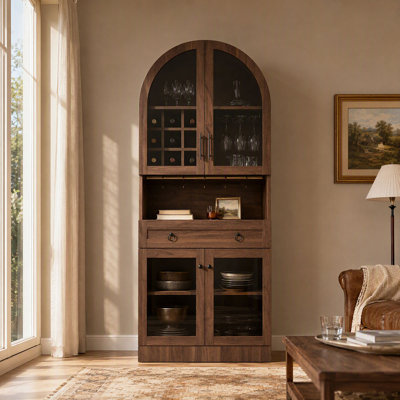 Armoire bar 70 po de hauteur, armoire à vin de style Mid-Century avec portes en verre trempé, porte-bouteilles, tiroir et crochets