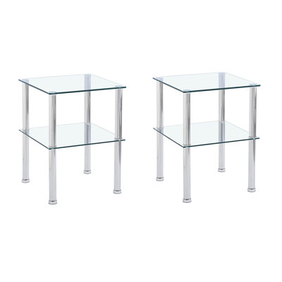 Table de bout transparente 2 pièces pour petits espaces, table de chevet moderne et de chevet, plateau en verre trempé 8 mm, tablette 6 mm, verre carré, côté support facile à nettoyer avec tablette de rangement, forme, assemblage