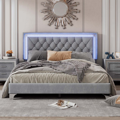 Upholstered Bed Frame with LED Lights,Modern Velvet Platform Bed with Tufted Headboard