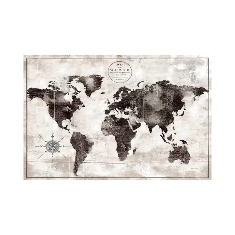 «Rustic World Map Black and White» par Marie Elaine Cusson - impression sur toile tendue, H 12 po x l 18 po x 1,5 po