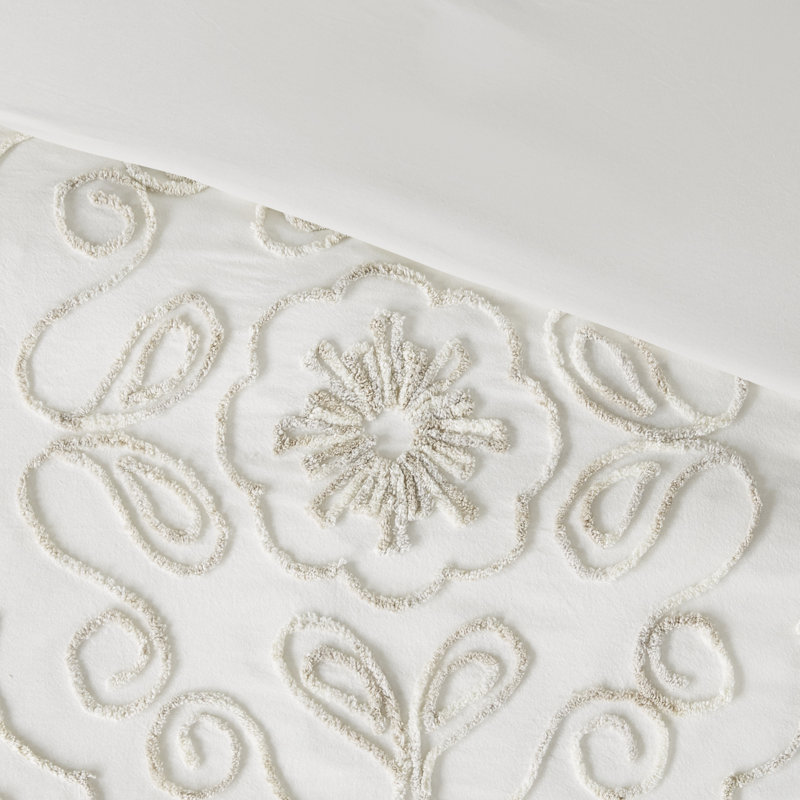 Ivory Full Tufted Cotton Chenille Coverlet Set with Graphic Detail