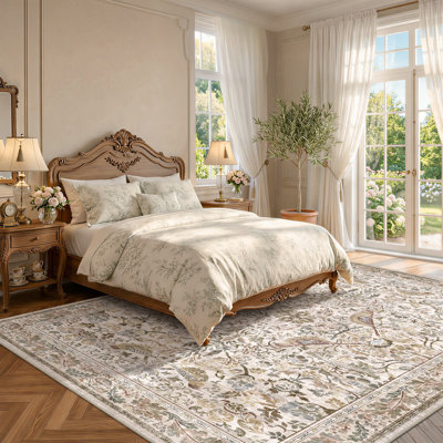 Tapis botanique 8 x 10 - Tapis lavables à motif floral rétro pour le salon, la salle à manger, la chambre à coucher, style antique traditionnel, conception d'oiseaux et de feuilles, velours antidérapant (mousse)