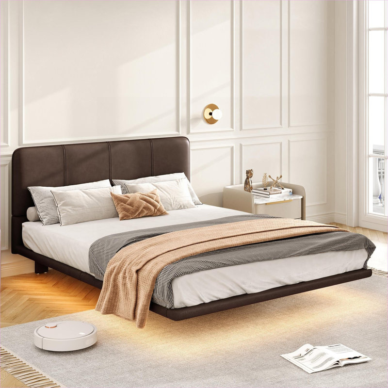 Modern Upholstered Floating Platform Bed Frame with LED Lights, Full Size, No Box Spring Required, PU Leather Construction