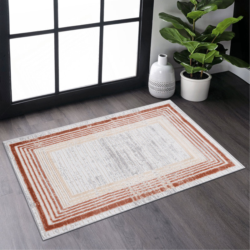 Collection Brown/Ivory/Bordered Non-Shedding Living Room Bedroom Dining Home Office Stylish And Stain Resistant Area Rug