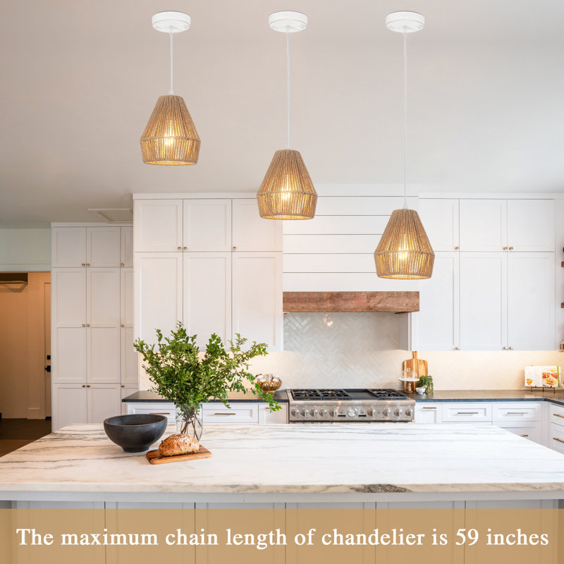  (Set Of 3)7 inch Rustic Paper Rattan Woven Pendant Light With Hand-Woven Basket Lampshade for Kitchen Island Dinning Room