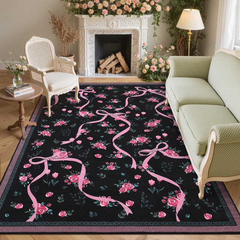 Washable Area Rug Bow Décor, Rectangle 6' x 9', Black