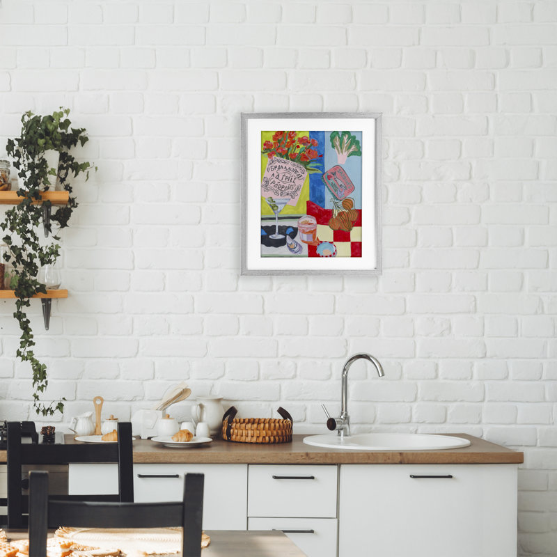 «Kitchen Checkered Still Life», reproduction sous verre encadrée, design par Melissa Wang, Cadre de ferme gris