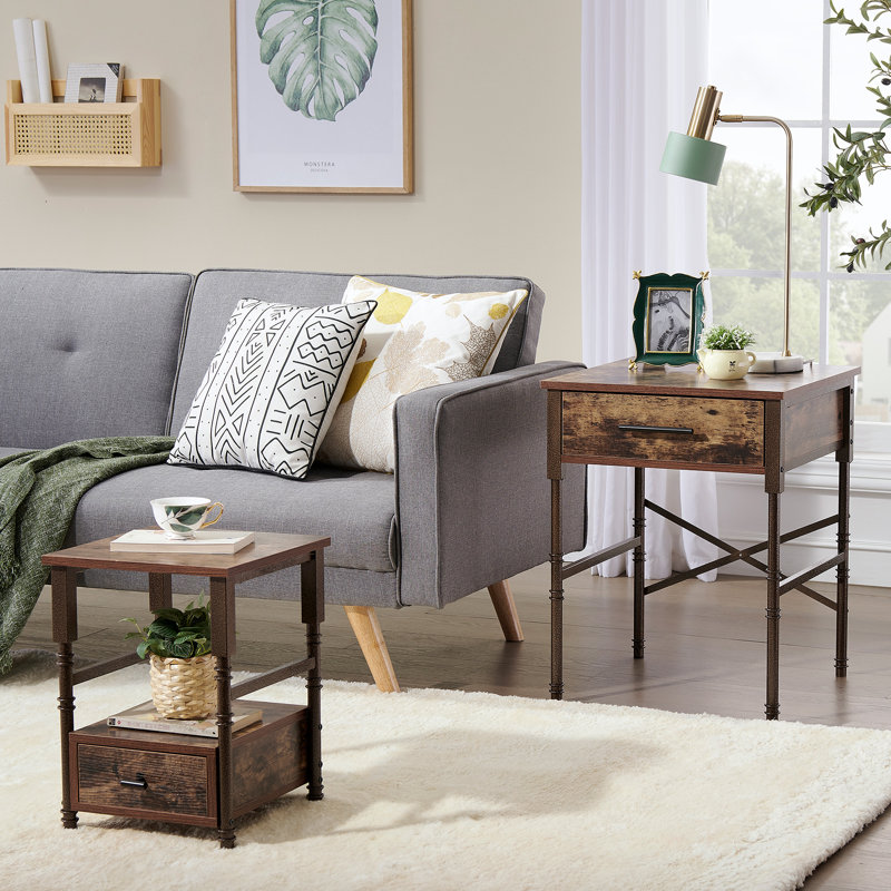 Nesting Table Set Of 2 Side Tables, Stacking End Table With Storage Shelf And Fabric Drawer, 2 Tiers Industrial Nightstand, Bedside Table Organizer For Living Room Bedroom