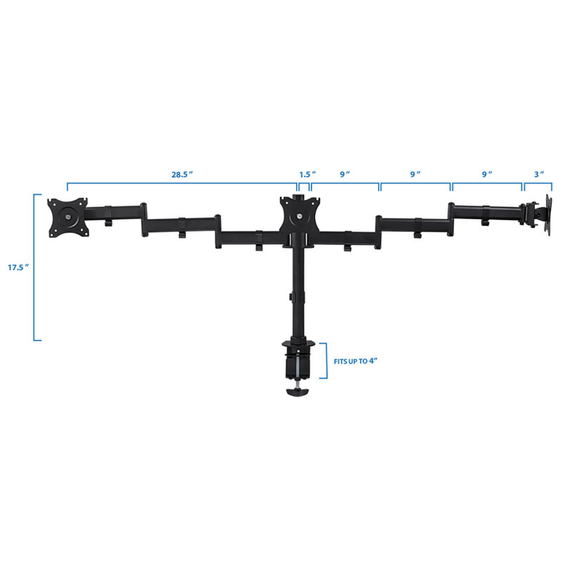 Black Adjustable Triple Monitor Desk Mount with Steel and Aluminum Arms