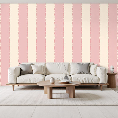 Peel and Stick Wallpaper Soft Pink Cream Striped Scalloped Edges Wall Murals 69"H x 96"W Removable PVC Wall Paper Self-Adhesive Wall Decor for Bedroom Living Room Home Office